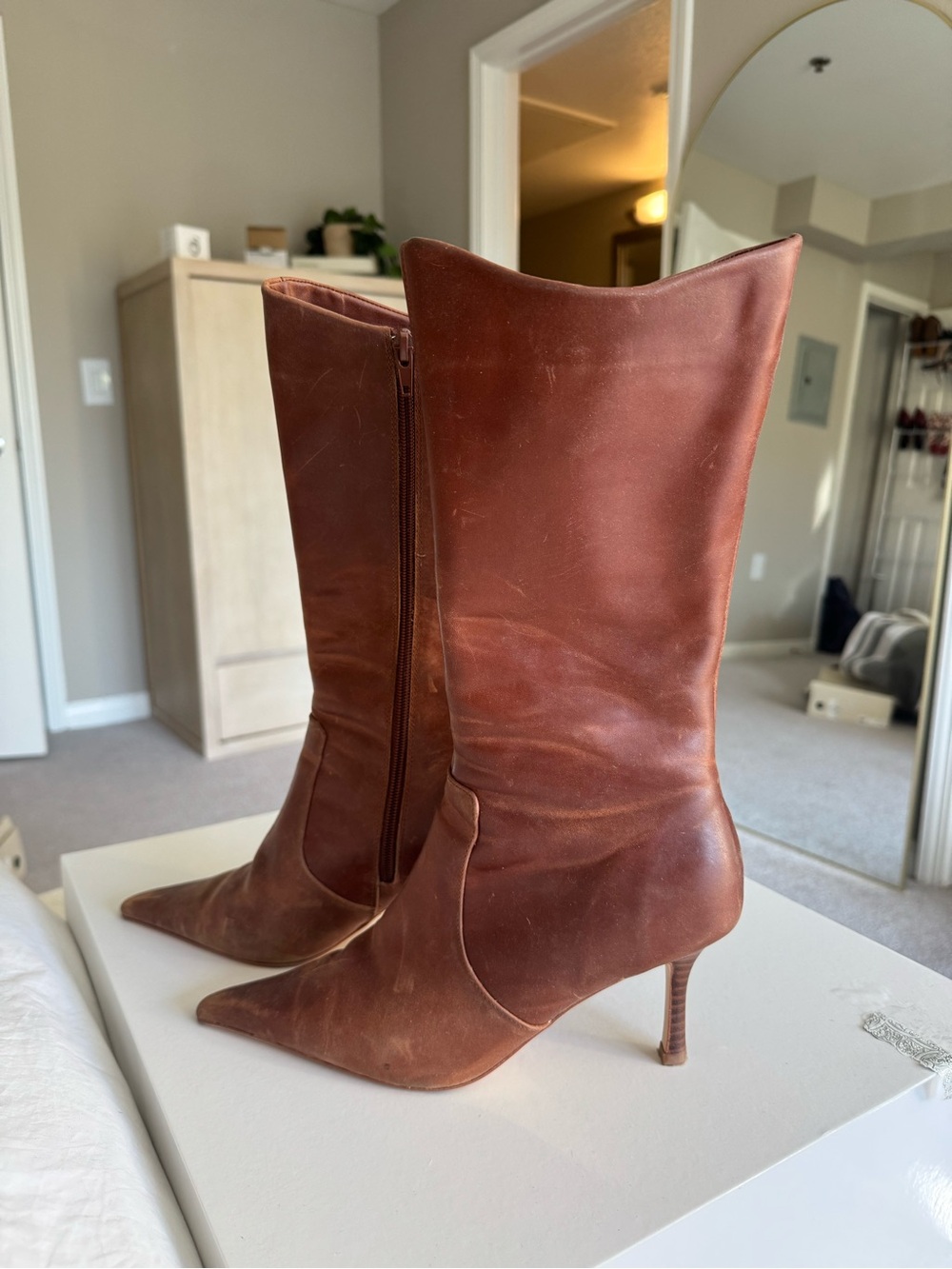 Tony Bianco Cognac Pointed-Toe Mid-Calf Leather Heeled Boots